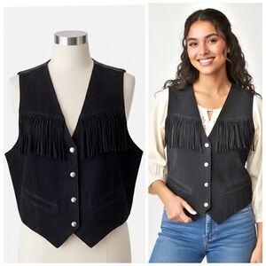 Vintage 90s Brandon Thomas Black Suede Fringe Western Leather Vest Cowboy Core